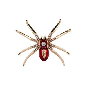 Gold-Tone Spider Brooch Pin with Red Rhinestone Body